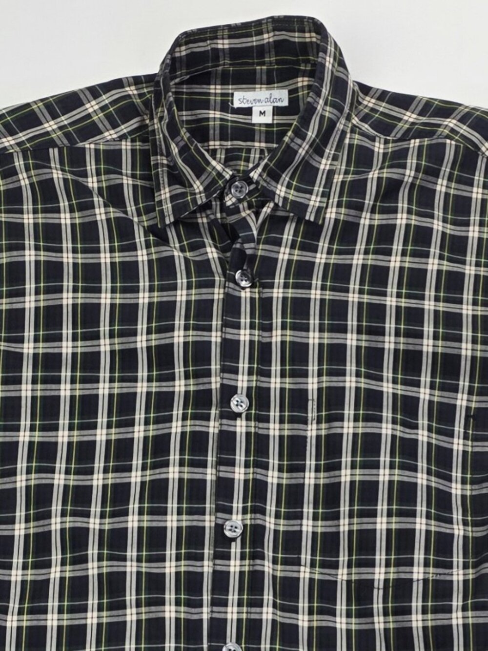 Steven Alan Reverse Seam Navy Cream Green Plaid Mens Sz Medium Long Sleeve Shirt